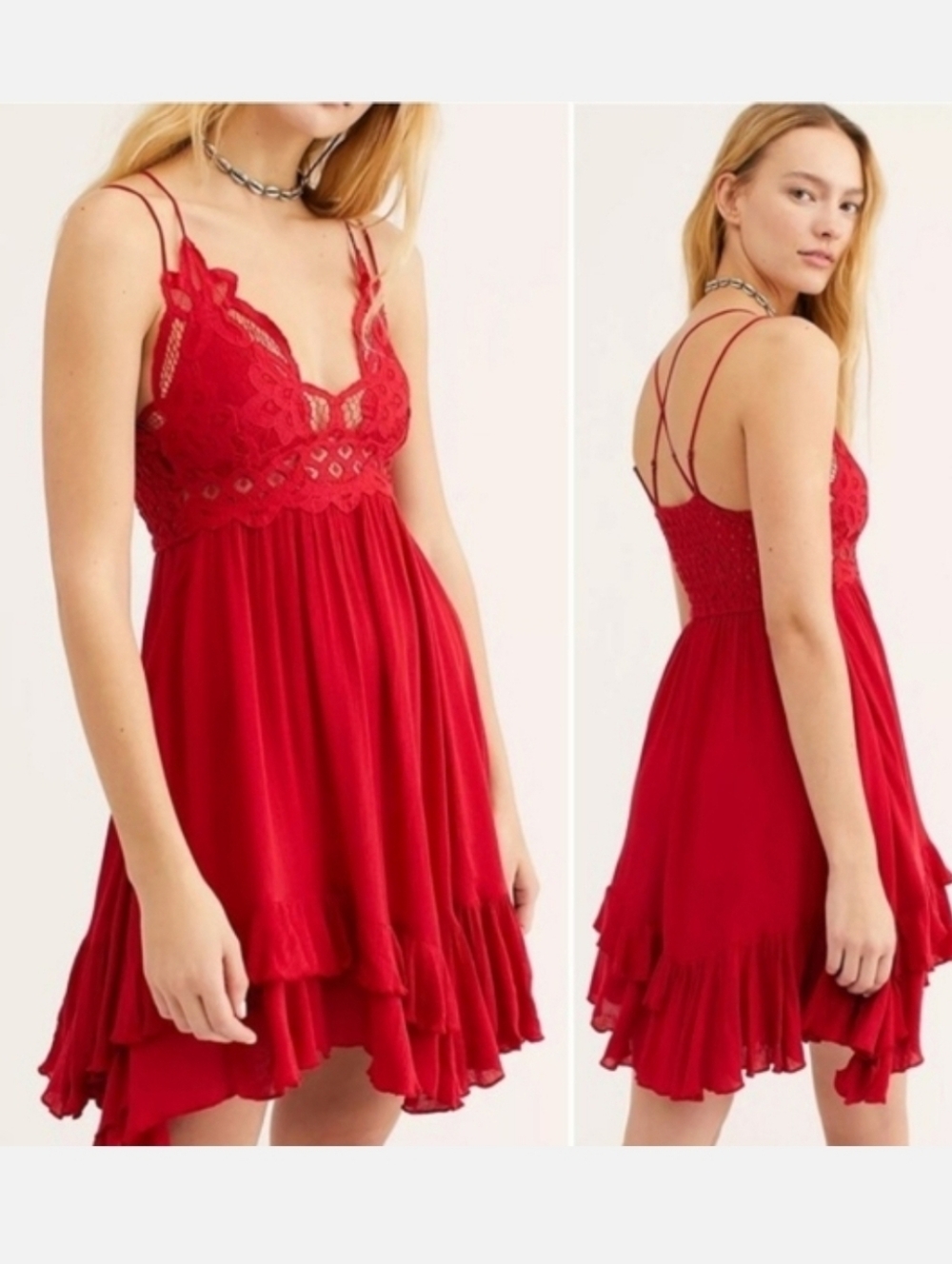 Free People Adella Bright Red Crochet Lace Slip Mini Dress